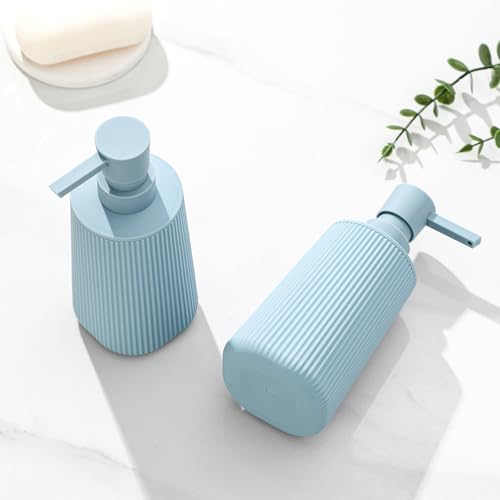 Image of Small Soap Dispenser for Bathroom and Kitchen, Modern Farmhouse Striped Style Plastic Hand Soap Dish Soap Dispenser with Pump Light Blue