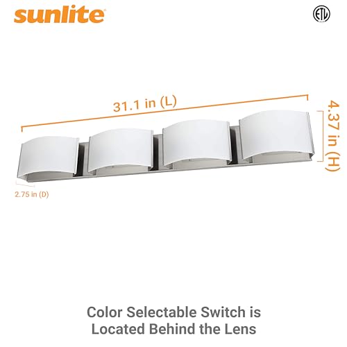 Image of Sunlite LED Decorative Vanity Light Fixture, 40 Watts, 2600 Lumens, Color Selectable 30K /40K /50K, 4 Lights, Dimmable, 90 CRI, ETL Listed, Brushed Nickel, for Bathroom, Powder Rooms, and Hotels