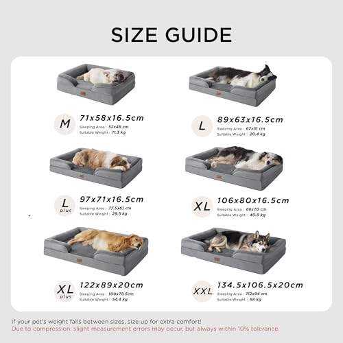 BEDSURE orthopädisches Hundebett Ergonomisches Hundesofa - 89x63 cm Hundecouch mit eierförmiger Kistenschaum für mittlere Hunde, waschbar rutschfest Hundebetten, grau