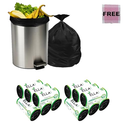 Image of ELLA Garbage Bags 17x19 Inches | 360 Bags (12 Rolls x 30) | Black | Small | Durable Leak-Proof Dustbin Covers for Home, Kitchen, Bathroom & Office | Free Check Duster Cloth