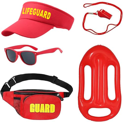 Ensemble de costume de sauveteur 5 pièces – Accessoires de costume de sauveteur avec chapeau rouge, lunettes de soleil, sifflet, tenue de costumade pour...