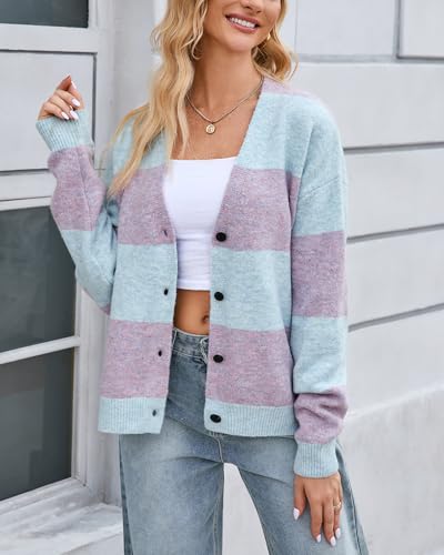 Image of YEXPINE Unisex Striped Cardigan Sweaters Open Front Long Sleeve Oversized Button V Neck Knit Outwear