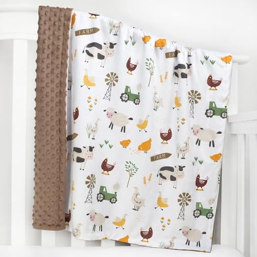 Image of HOMRITAR Baby Blanket for Boys Soft Lightweight Minky Blanket with Double Layer Dotted Backing for Infant Toddler Nursery Crib with Cute Farm Animals Design 30 x 40 Inch