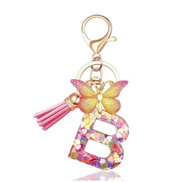 Vorysum Portachiavi Donna Con Lettera Iniziale per Ragazze e Donne Portachiavi Oro Portachiavi Con Farfalla Rosa Carina per Zaino e Borsa da Scuola-B