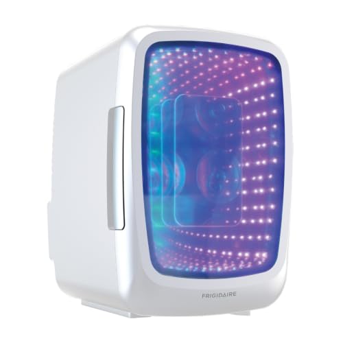Frigidaire Gaming Light Up Mini Beverage Refrigerator, 6 can, 4 liters, Cooler with large see through door and LED lights Perfect for Gaming Experience, Home, Office, or Cars.12V Charger (White)