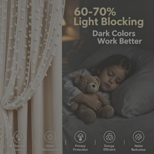 Image of Beige Room Darkening Curtain for Girls Nursery Bedroom 52x63 Inch | 80% Blackout Double Layer Curtains with Pom Pom Sheer Overlay, Grommet Privacy Drapes for Toddler Bedroom Decor, 2 Panels