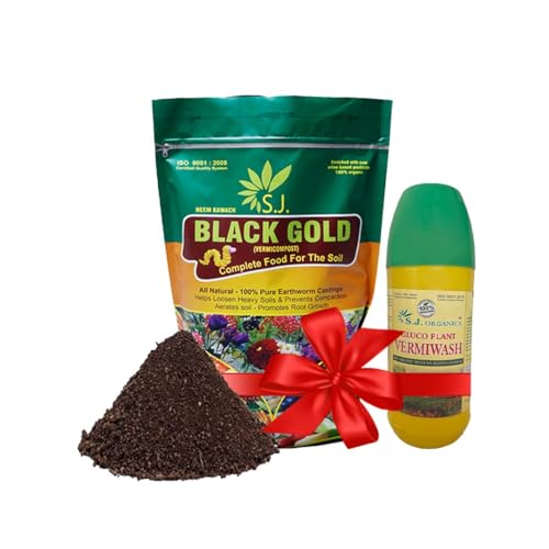 Image of SJ ORGANICS COMBOPACK BLACK GOLD VERMICOMPOST 1KG AND VERMIWASH 900ML I KECHUA KHAAD & VERMIWASHI LABORATORY TESTED GOVT LICENSED BIOFERTILLIZER POWDER & VERMIWASHI