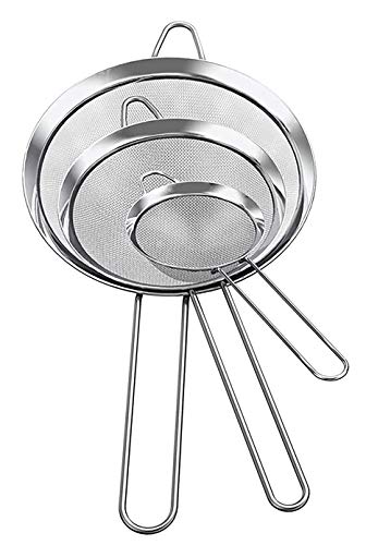 e!Orion Juego de 3 Coladores Acero Inoxidable Strainer Cernedores y Cedazos con Cómodos Mangos Manija Colander de Una Malla Muy Fina para Te, Cocina, Comida, Alimentos y Vegetale - 8cm, 12cm, 18cm