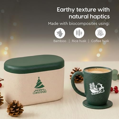 Image of Eha Earth-Friendly Christmas Gifts for Friends and Family | Secret Santa Gifts | Made with Rice Husk | Printed Christmas Mug and Coasters Set of 2, Keychain & Loopac Box | 300 ml | Fern