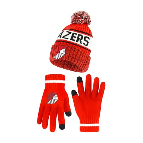 Ultra Game Men's NBA Official Super Soft Winter Beanie Hat with Extra Warm Touch Screen Gloves, Portland Trail Blazers, Team Color, One Size
