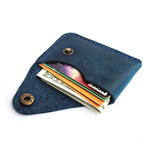 Upgraded of High Quality Leather Dark Blue Handmade Mini front pocket card holder Handmade Genuine Leather Minimalist Card Case Wallet Front Pocket Card Organizer