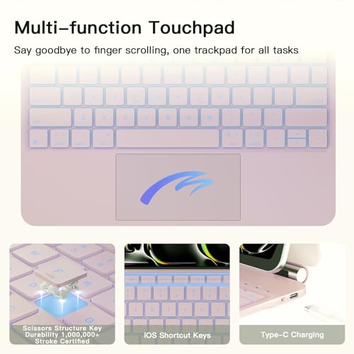 Image of RAYMCRAFT for iPad Pro 13-inch Case with Keyboard (M5 /M4, 2025 /2024), 11-Colors Backlight with Pencil Buckle, Stain-Resistant Surface, Magic Keyboard for iPad Pro 13, Multi-Touch Trackpad, Light Pink