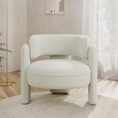 Image of BELLEZE Modern Sherpa Accent Chair, Sherpa Boucle Chair Barrel Accent Chair Comfy Round Upholstered Armchair Side Corner Chair for Living Room, Bedrooms, Office, Reading Nook - Quinton (White)