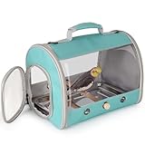 Long Tail Portable Bird Travel Carrier Cage with Metal Tray Soft Mat and Wooden Standing Perch, Hands Free Lightweight Clear 2 Windows Carry Bag for Parakeet Budgies Cockatiel Transport to Vet
