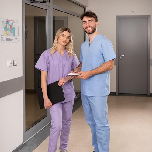B-well Cesare Unisex-Schrubb-Set Schlupfkasack + Schlupfhose Set Medizin Arzt Uniform Schlupfjacke Oberteil mit Hose Medizinische Berufsbekleidung Blau M