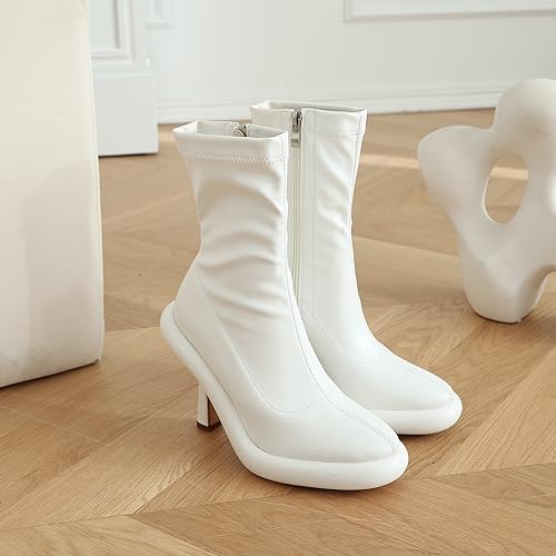 TAEPUSR Women's Platform Boots Stiletto High Heel Mid Calf Boots Elastic Round Toe Ankle Boots with Side Zipper Fashion Party Dress Stretch Boots for Women3