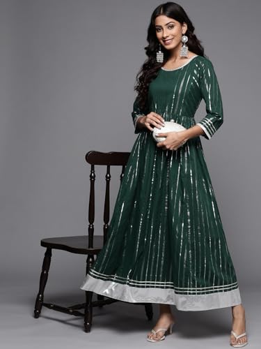 Image of Varanga Women Green Dress with tie up Detailing on Neck