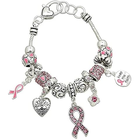 Lola Bella Gifts Crystal Keep the Faith Pink Ribbon Breast Cancer Awareness Charm Bracelet with Gift Box Cover