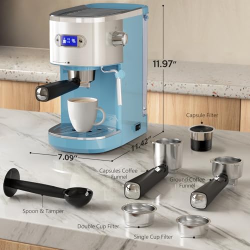 Image of 20 Bar Espresso Machine Semi-Automatic, Professional Coffee Maker with Milk Frother Steam Wand & 45OZ Removable Water Tank, Home Barista System for Cappuccino, Latte, Americano-Stainless Steel-Blue