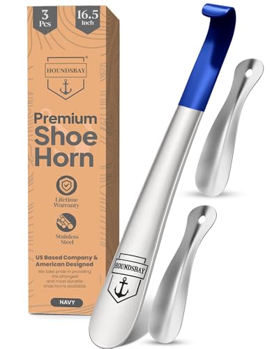 Image of HOUNDSBAY 16.5 inch Long Handled Metal Shoe Horn with Comfort Grip - New 2019 Model with 1.8mm Thick Steel - Will Not Bend