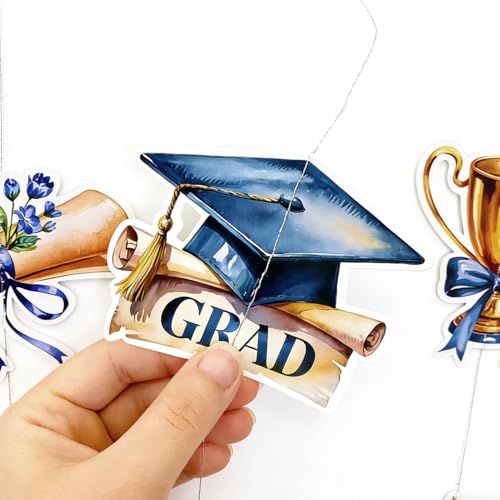 Image of Blue Gold Graduation Party Hanging Streamer Floral Navy Gold Star Grad Cap Garland Banner for Congrats Grad You Did It Class of 2026 We are So Proud of You Themed Graduation Party Decorations Supplies