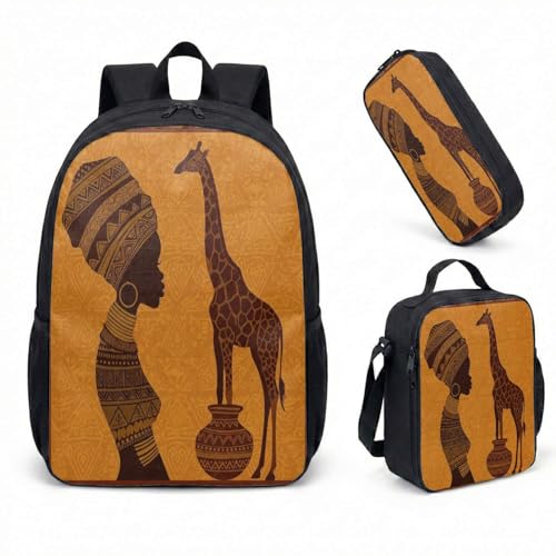 Mochila feminina africana com estampa tribal de 43 cm, conjunto de 3 peças, silhueta étnica, mochila de viagem, arte de patrimônio cultural, 02, Large, Mochila estampada