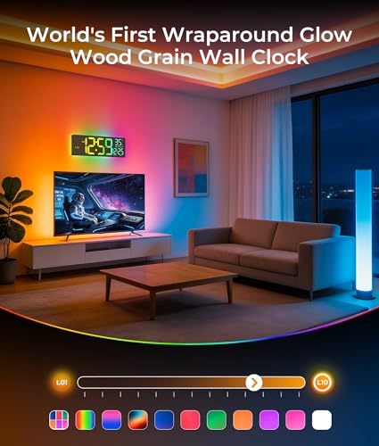 Image of EASYERA 16.5 inch Large Digital Wall Clock with BT Sync, Wood Grain Clock with 11 RGB Light Scenes, Remote Control, Dual Alarms with Big LED Display, Auto DST, Temperature for Classroom Gaming
