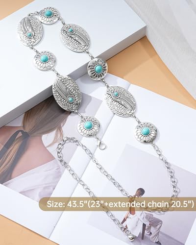 Kajeer Western Chain Belts, Women Concho Belt Turquoise Cowgirl Country Silver Country Waist Belts for Dresses Jean3
