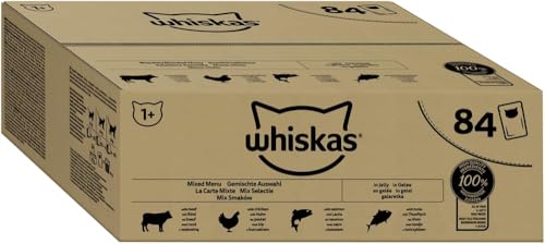 Whiskas Adult 1+ Katzennassfutter Gemischte Auswahl in Gelee, 84 Portionsbeutel, 84x85g (1 Großpackung) – Hochwertiges Katzenfutter nass, für...