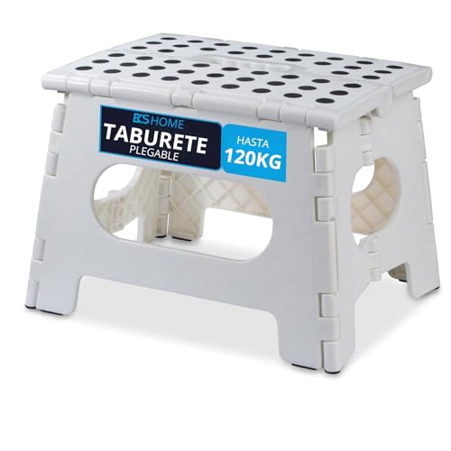 Taburete Plegable Cocina y Baño 22 cm | Taburete Plegable Portátil Antideslizante | Banqueta Plegable Resistente hasta 120 kg | Banco Plegable para Adultos y Niños (Blanco)