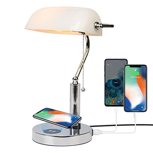 FIRVRE Lampada da scrivania banchieri in bianco vetro Lampada da tavolo vintage classica con caricatore wireless e porta USB Interruttore a catena in metallo antico in ottone
