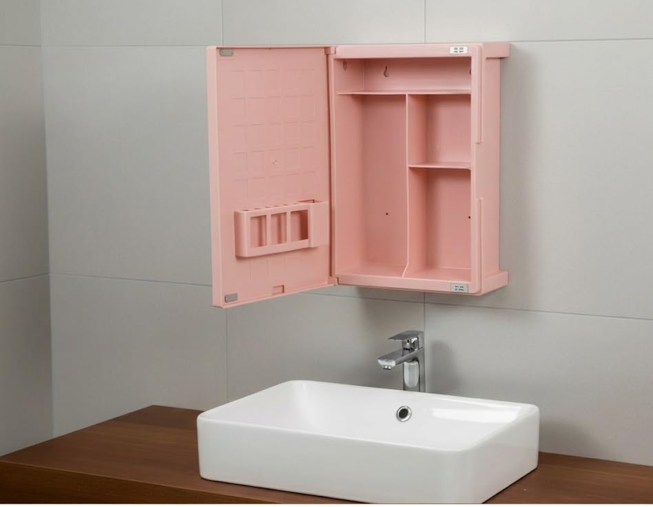 zahab Milstone Pink Bathroom Cabinet with Mirror (10 x 14 Inch) | Wall Mount Plastic Storage Cabinet | Toothbrush Holder & Multi Compartments | Shatter Proof Mirror Bathroom Organizer 1