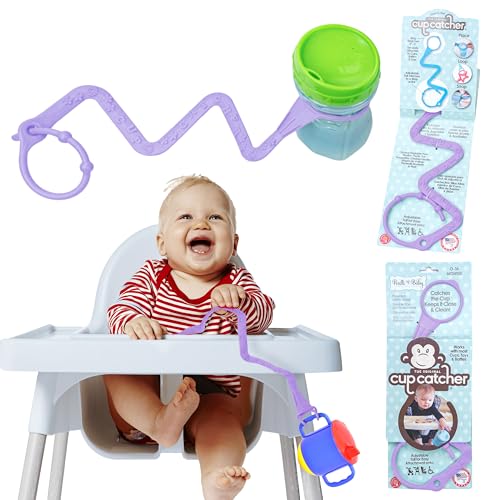 Image of Brilli Baby Cup Catcher Patented Safety Tether Strap, Attach Sippy Cups, Bottles, Pacifiers & More to Stroller, High Chair, Car Seat, Made in USA, Food Grade, Dishwasher Safe (Lavender)