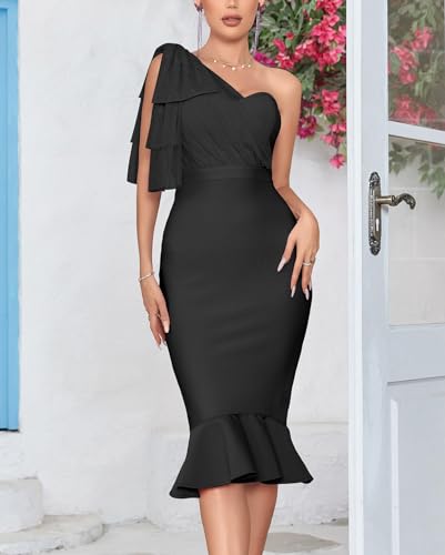Image of houstil Women's One Shoulder Fishtail Wedding Guest Bandage Dress Mesh Midi Graduation Bodycon Party Club Dresses