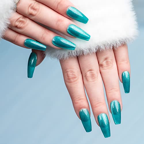 Sun&Beam Nails Handmade Press-On Medium Long Coffin Ballerina with Nile Blue Cat Eye Design Charm Cute False Nail Tips 10 Pcs (#84 S) - Image 3