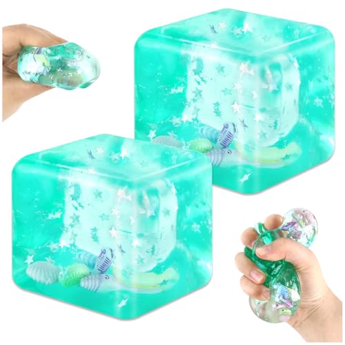 2 Pack Squishy Cube Anti Stress, Cube Sensoriel Translucide avec Coquillages & Étoiles Flottants, Jouet Anti Stress Squishy Kawaii pour Enfant & Adulte,...