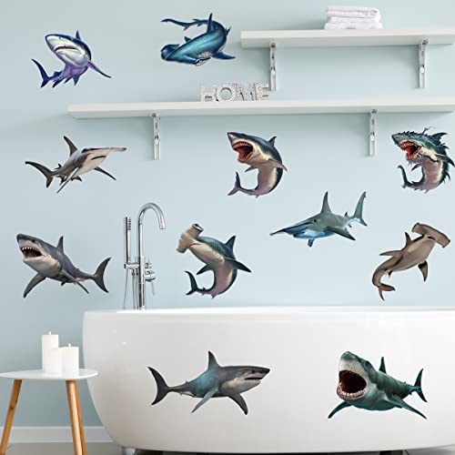 11 Pcs 3D Large Shark Wall Decal Stickers, Ocean Animal Under The Sea Wall Decal Stickers, Peel And Stick Removable Sea Creature Shark Stickers For Kids Room Playroom Bathroom Baby Nursery Wall Decor #TOP7