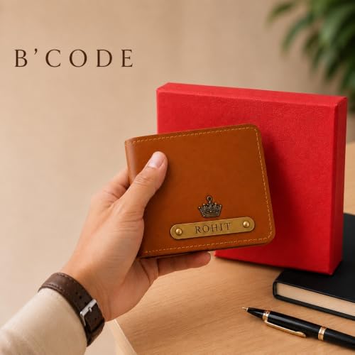 Image of B'Code Customised Original Leather Wallet for Men with Name, Personalized Purse Unique Stylish Gift for Brother, Husband, Boyfriend, Birthday, Rakshabandhan, New Year, Valentine's Day (TAN)