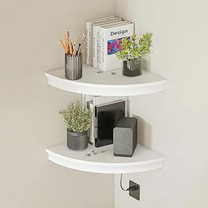 HAO Floating Corner Shelf Invisible Wall Mounted Shelves Radial Shape Cable Wire Hole Pattern Perfect for Bedroom Bathroom Living Room Kitchen Set of 2 White