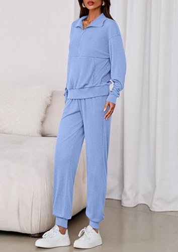 Image of PRETTYGARDEN Women 2 Piece Ribbed Knit Matching Lounge Sets | Comfy Sweat Track Suits, Athleisure Casual Outfit, Half Zip Sweatshirt & Jogger Pants, Fall Winter Clothes for Airport Travel