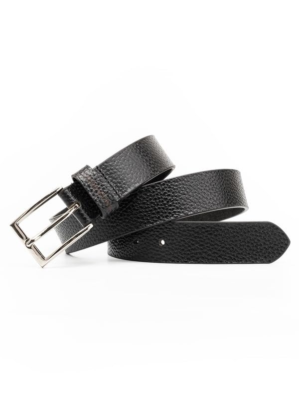 Image of Bacca Bucci Men's Leather Belt 35 mm for Formal & Casual Wear, Textured Black & Tan Strap with Metallic Pin Buckle, Classic Everyday Office Belt for Men