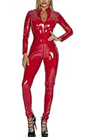 FEOYA Damen Hosenanzug Overall Slim Fit Catsuit aus Lackleder Langer Overall Bodysuit Nachtwäsche Club Kostüme Catsuit Catwomen mit Frontreißverschluss