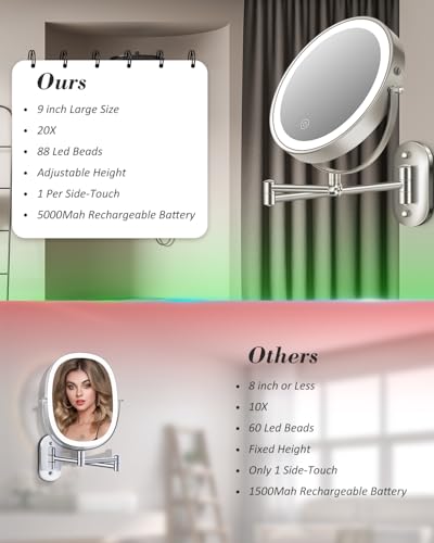 Image of 20X 9 inch Wall Mounted Magnifying Makeup Mirror with Light Height Adjustable