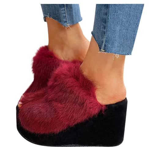 ZBYY Plush Slippers for Women Fluffy Summer Open Toe Wedges House Slippers Indoor or Outdoor Platforms Slides Slipper