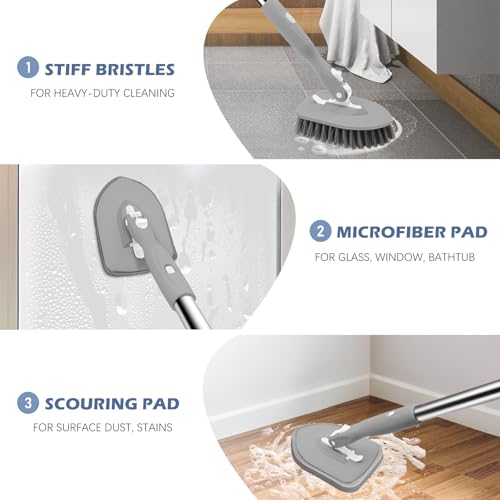 Image of SetSail Tile Tub Scrubber Brush 3-in-1 Shower Scrubber with Adjustable Long Handle Shower Cleaner Brush and 3 Detachable Replacement Brush Heads for Cleaning Bathroom Kitchen Walls Tub Tile,Grey