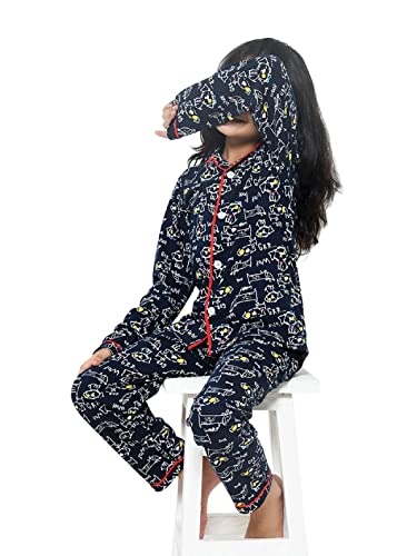 Image of Girls Premium Cotton Full Sleeves Printed Nightsuit Set | Collar Style Night Dress for Girls | Soft & Breathable Pajama Set | Trendy Kids Sleepwear & Nightwear