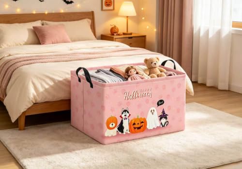 Image of Halloween Basket Cute Baskets for Kids Pumpkin Basket Rectangular Storage Bin Organizer Box Room Decor(Pink Dog Halloween)