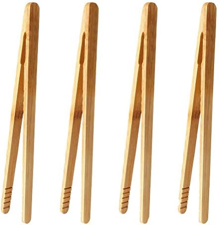 nuosen 4 Pieces Bamboo Tongs, 6.9 Inches Toaster Tongs for Cooking Toast Bread Pickles Tea Bamboo Kitchen Tongs