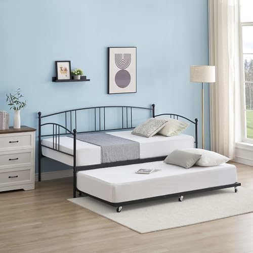 Twin Metal Daybed with Trundle, Pullout Trundle Bed Frame with Arched Headboard, Guest Sofa Bed with Steel Slat Support, No Box Spring Required, Easy Assembly, Black