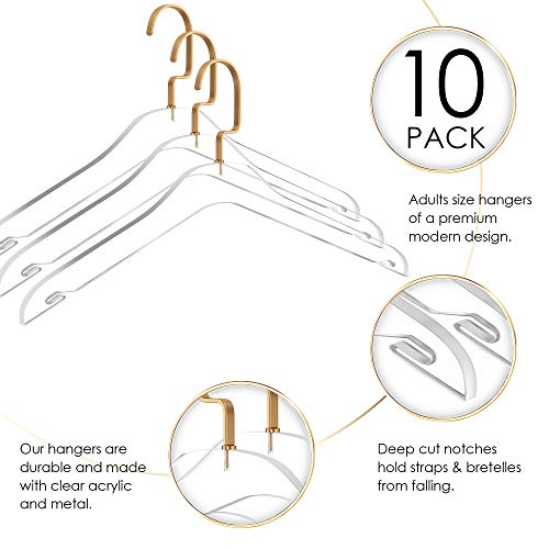 Elavain Acrylic Hanger | Sleek, Modern Clothes Hanger With Gold Hook | High End Closest Organizer Space Saving Hangers For Shirts, Jackets, Sweaters, Tops & More | 10 Pack #TOP1